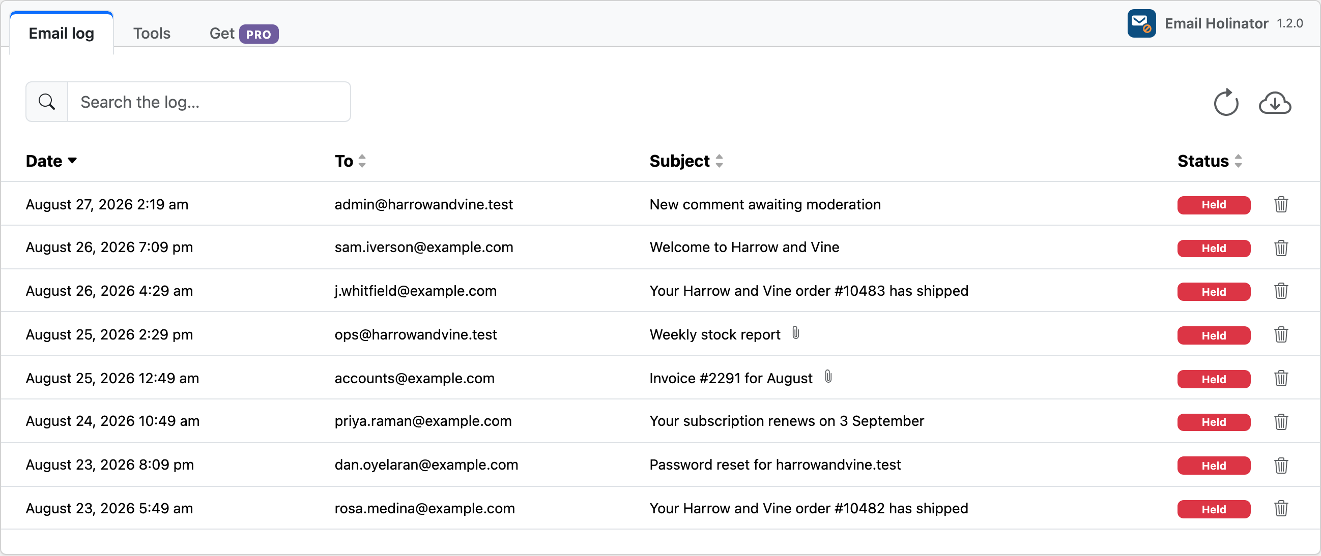 The Email Holinator mail log, listing held messages with their recipients, subjects and the time each was caught.
