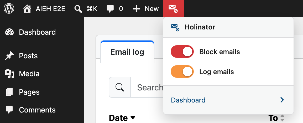 The Email Holinator toolbar panel open, showing the hold and log switches.