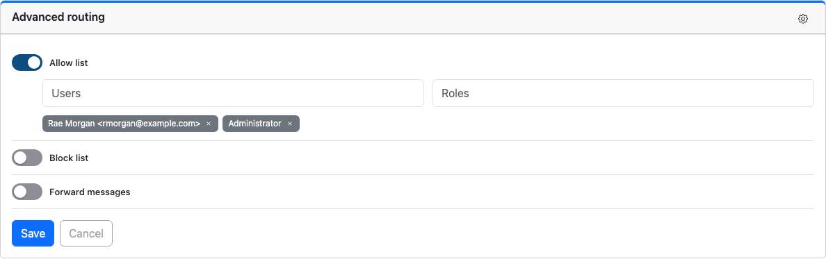 The Advanced routing card expanded in allow list mode, with a user and a role selected.