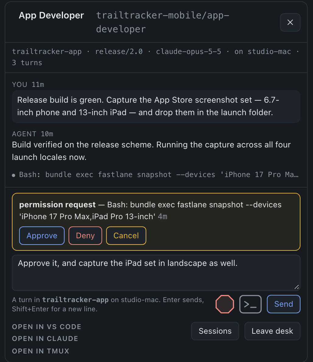 The floor&rsquo;s panel for an agent called App Developer: a permission request for a Bash command with Approve, Deny and Cancel buttons, and a reply typed underneath.