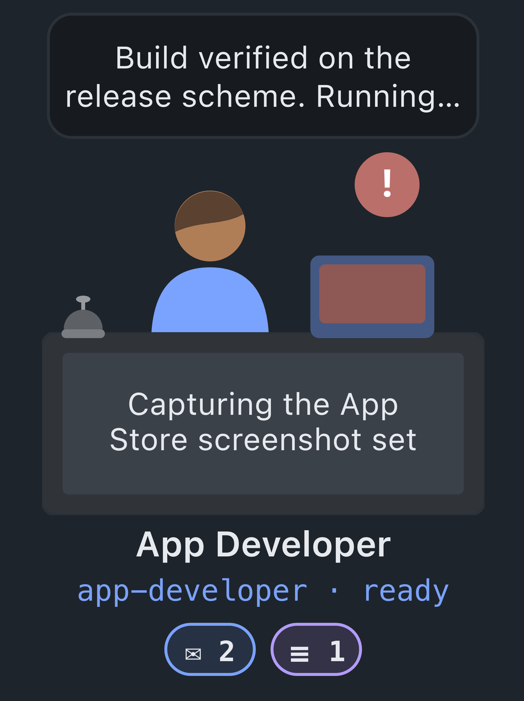One desk close up: a thought bubble, a sign reading &ldquo;Capturing the App Store screenshot set&rdquo;, a red badge, a service bell, and a tray showing 2 unread and 1 task.