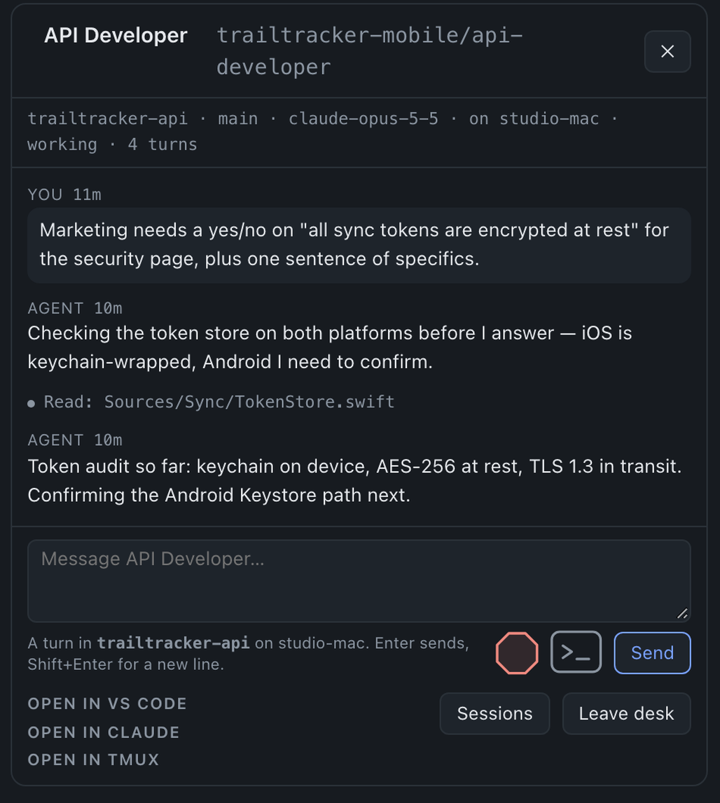 The panel for an agent called API Developer: a four-turn conversation, a message composer, and links to open the conversation in VS Code, Claude or tmux.