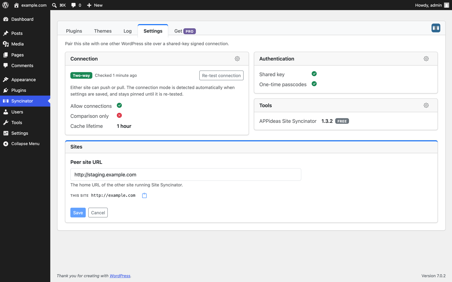 The same Settings screen on the second site, with one-time passcodes switched on and the first site named as its peer.
