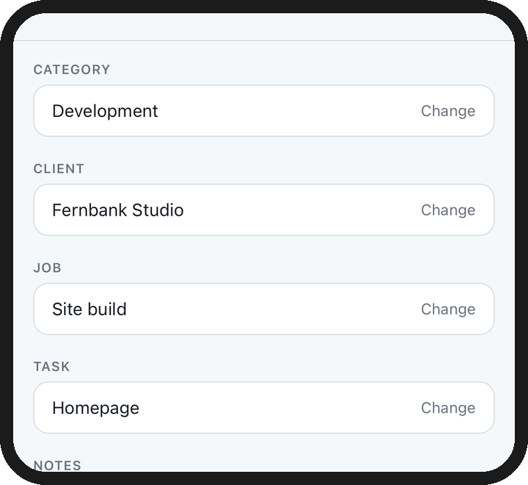 A time entry with its four levels filled in: category Development, client Fernbank Studio, job Site build, and task Homepage, each with its own Change control.