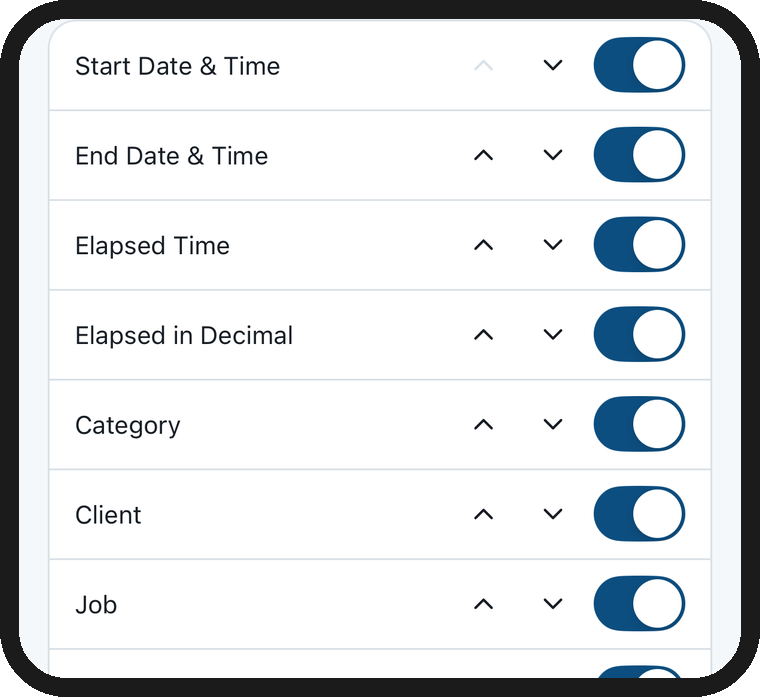 The report column picker, with Start and End Date and Time, Elapsed Time, Elapsed in Decimal, Category, Client, and Job all switched on, and arrows on each row to move it up or down.