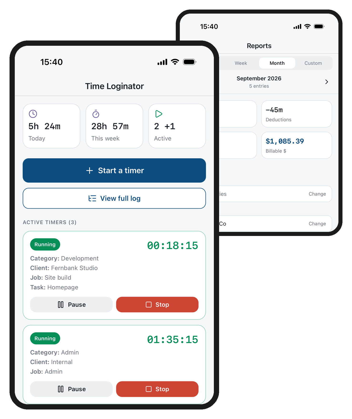 The Time Loginator dashboard, showing the day and week totals above a list of running timers each labelled by category, client, job, and task, beside a September report totalling $1,085.39 billable after 45 minutes of deductions.